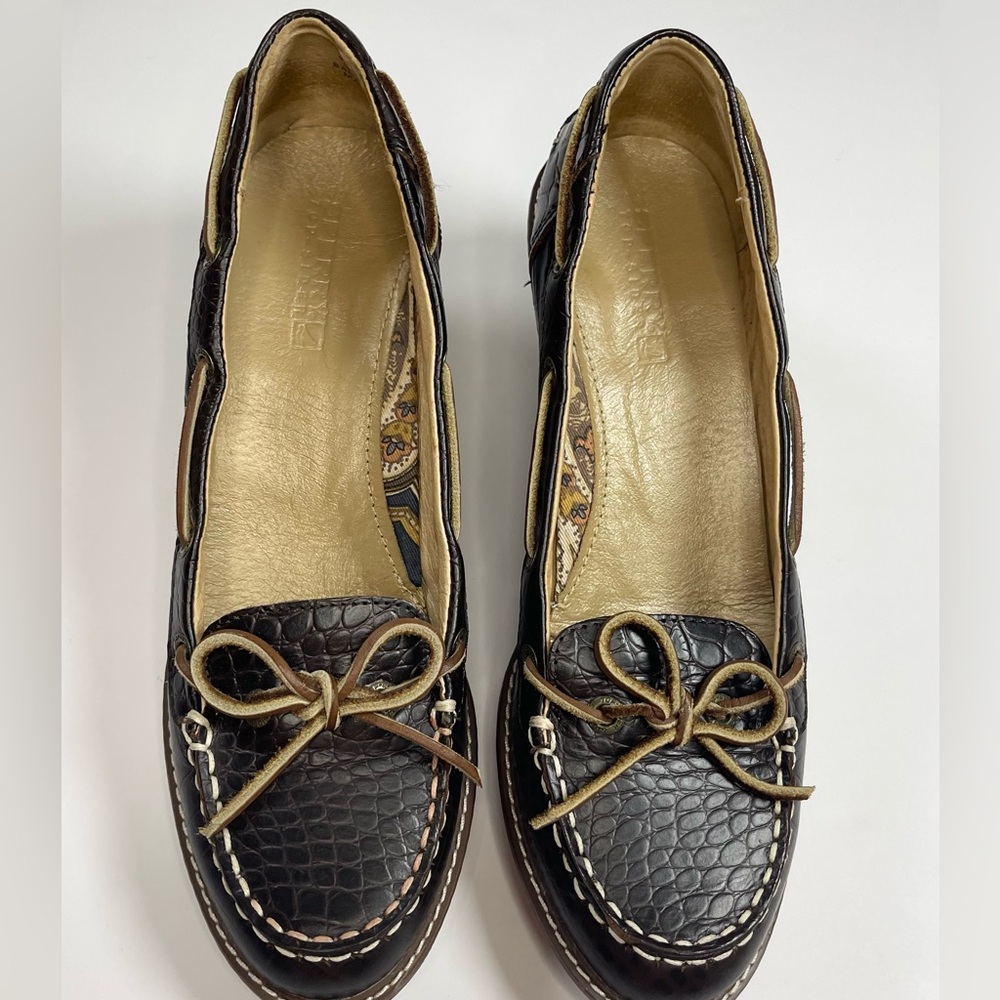 Sperry Top-Sider Womens Brown Croc Embossed Leather Wedge Size 8.5M